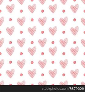 Watercolor seamless pattern with pink hearts and dots. Watercolor seamless pattern with pink hearts and dots.