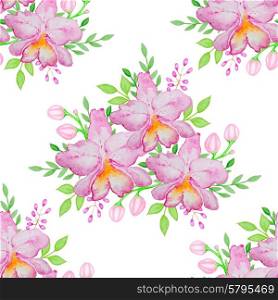 Watercolor seamless pattern with pink orchids and green leaves