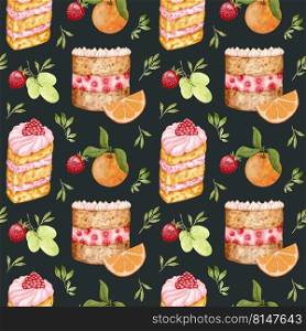 Watercolor Seamless Pattern with Raspberry and Cherry Cake. Pattern with Orange, Grape and Citrus Slice. Delicate design for Menu, Dessert Packaging and Scrapbooking. Black background. Watercolor Seamless Pattern with Raspberry and Cherry Cake. Pattern with Orange, Grape and Citrus Slice. Delicate design for Menu, Dessert Packaging and Scrapbooking. Black background.
