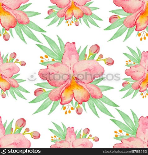 Watercolor seamless pattern with red orchids and green leaves