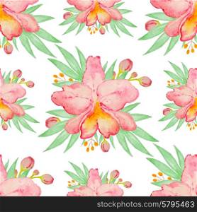 Watercolor seamless pattern with red orchids and green leaves