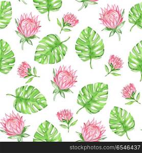 Watercolor seamless pattern with red tropical flowers and green palm leaves on a white background. Watercolor seamless pattern with red tropical flowers