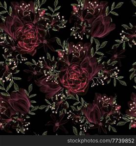 Watercolor seamless pattern with  roses and peony flowers. Illustration.. Watercolor seamless pattern with  roses and peony flowers.