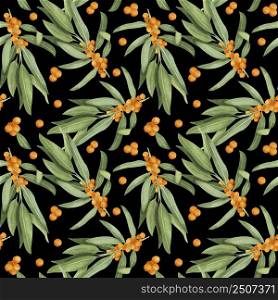 Watercolor seamless pattern with sea buckthorn berries and leaves. Honey herb repeten pattern on black backgroun.