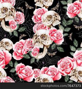 Watercolor seamless pattern with skull and roses flowers,leaves. Illustration. Watercolor seamless pattern with skull and roses flowers,leaves.