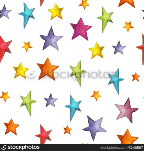 Watercolor seamless pattern with stars in different colors. Watercolor illustration on white background. Wallpaper design. For card, poster, t shirt, decor, packaging paper, apparel and bed linen.. Watercolor seamless pattern with stars in different colors