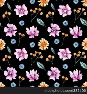 Watercolor seamless pattern with wild flowers on a black background. Yellow, pink, blue flowers, green leaves.. Watercolor seamless pattern with wild flowers on a black background.
