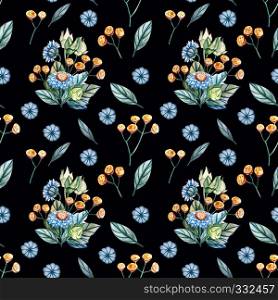 Watercolor seamless pattern with wild flowers on a black background. Yellow, pink, blue flowers, green leaves.. Watercolor seamless pattern with wild flowers on a black background.