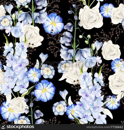 Watercolor seamless pattern with wild flowers, roses and delphinium flowers. Illustration.. Watercolor seamless pattern with wild flowers, roses and delphinium flowers. 