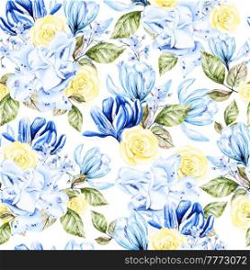 Watercolor seamless pattern with yellow and blue flowers. Illustration. Watercolor seamless pattern with yellow and blue flowers.