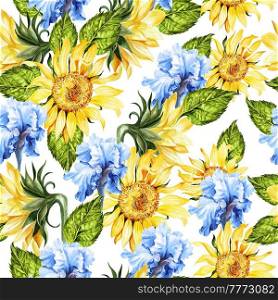 Watercolor seamless pattern with yellow and blue  flowers. Illustration. Watercolor seamless pattern with yellow and blue  flowers.