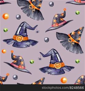 Watercolor seamless patternwith halloween witch hats. Watercolor illustration on purple background. Wallpaper design. For card, poster, t shirt, decor, packaging paper, apparel and bed linen.. Watercolor seamless pattern with halloween witch hats
