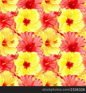 Watercolor seamless tropical floral pattern. Big yellow and red hibiscus flowers. Hand drawn watercolor seamless pattern with color tropical flowers. Sunny flowers. Adstrackt flowers.