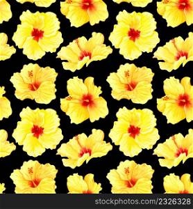 Watercolor seamless tropical floral pattern. Big yellow hibiscus on black background. Hand drawn watercolor seamless pattern with yellow tropical flowers. Sunny flowers