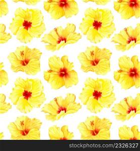Watercolor seamless tropical floral pattern. Big yellow hibiscus on white background. Hand drawn watercolor seamless pattern with yellow tropical flowers. Sunny flowers