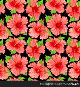 Watercolor seamless tropical floral pattern. Red hibiscus and palm leaves on black background. Hand drawn watercolor seamless pattern with colorful tropical flowers.