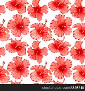 Watercolor seamless tropical floral pattern. Red hibiscus and palm leaves on white background. Hand drawn watercolor seamless pattern with colorful tropical flowers.