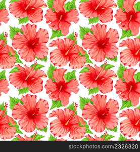 Watercolor seamless tropical floral pattern. Red hibiscus and palm leaves on white background. Hand drawn watercolor seamless pattern with colorful tropical flowers.
