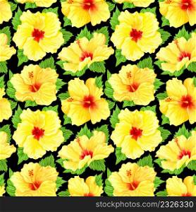Watercolor seamless tropical floral pattern. Yellow hibiscus and leaves on black background. Hand drawn watercolor seamless pattern with yellow tropical flowers. Sunny flowers