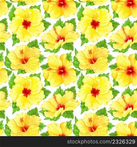 Watercolor seamless tropical floral pattern. Yellow hibiscus and leaves on white background. Hand drawn watercolor seamless pattern with yellow tropical flowers. Sunny flowers