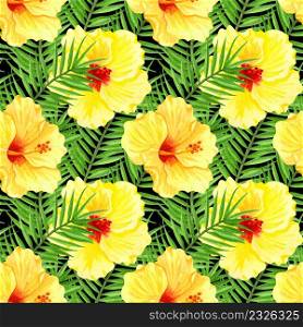 Watercolor seamless tropical floral pattern. Yellow hibiscus and palm leaves on black background. Hand drawn watercolor seamless pattern with colorful tropical flowers.