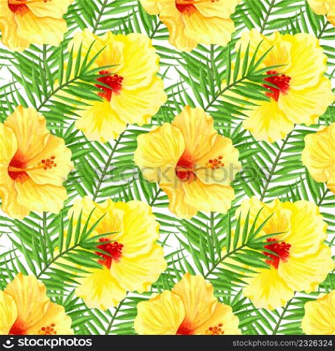 Watercolor seamless tropical floral pattern. Yellow hibiscus and palm leaves on white background. Hand drawn watercolor seamless pattern with colorful tropical flowers.