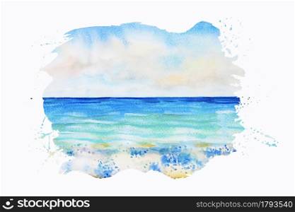 Watercolor seascape original painting colorful of sea view, wave and sky,cloud background in the morning bright, nature beauty season. Painted impressionist abstract images with space text, postcard.