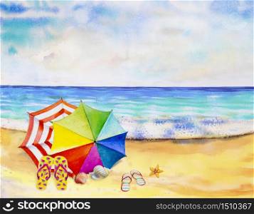 Watercolor seascape painting colorful of sea beach, wave and accessories multicolor umbrella, shoes, shell, summer holiday in the morning bright, nature beauty season. Painted illustration, copy space
