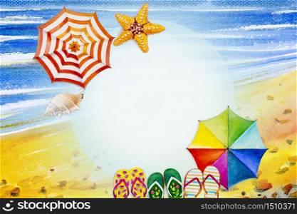 Watercolor seascape painting colorful of sea beach wave and accessories multicolor umbrella, flip-flops, shell, summer holiday in the morning nature beauty season. Painted illustration, copy space.