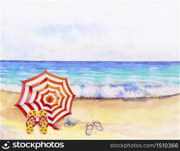 Watercolor seascape painting colorful of sea view, beach, wave and accessories umbrella, shoes, shell, summer holiday in the morning bright, nature beauty season. Painted illustration, copy space