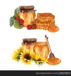 Watercolor set of different honey. Honey jar with sunflower, acacia, linden, raspberry. Hand drawn illustration of organic natural food.