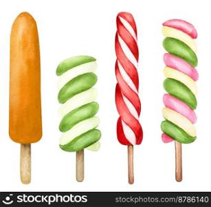 Watercolor set of fruit ice cream on stick isolated on white background. Sweet iced dessert. Summer food clip art perfect for menu design.. Watercolor set of fruit ice cream on stick isolated on white background. Sweet iced dessert. Summer food clip art perfect for menu design