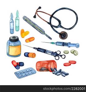 Watercolor set of medical or pharmacy equipment, drugs, pills, an injection and tools. Collection of elements of medical care.. Watercolor set of medical or pharmacy equipment, drugs, pills, an injection and tools.