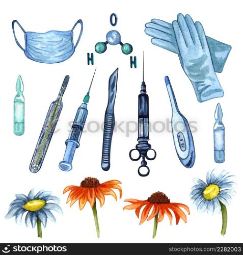 Watercolor set of medical or pharmacy equipment, drugs, pills, an injection and tools. Collection of elements of medical care.. Watercolor set of medical or pharmacy equipment, drugs, pills, an injection and tools.