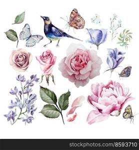Watercolor set with flowers of rose, lilac, eucalyptus, peony and forget-me. Butterflies and bird. illustrations. Watercolor set with flowers of rose, lilac, eucalyptus, peony and forget-me. Butterflies and bird. 