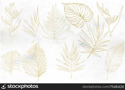 Watercolor set with gold tropical leaves, flower. Illustration. Watercolor set with gold tropical leaves, flower.
