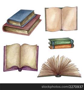 Watercolor set with old books. Original hand drawn illustration of old school books . School design. ClipArt elements. Open old book with sheets of paper.. Watercolor set with old books. Original hand drawn illustration of old school books . School design. ClipArt elements.