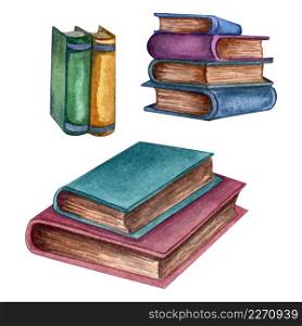 Watercolor set with old books. Original hand drawn illustration of old school books . School design. ClipArt elements.