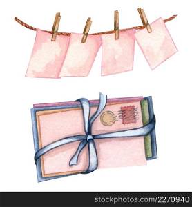 Watercolor set with pink carg on a rope, envelope and paper sheets. Pile of old envelopes with ribbon bow. School design. ClipArt elements. Antique objects. Watercolor set with pink carg on a rope, envelope and paper sheets. Pile of old envelopes with ribbon bow.