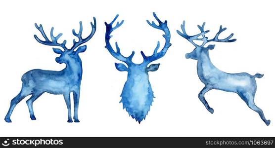 Watercolor silhouette set of deers: jumping deer and head in blue color. Animal painting. Stag and antler christmas illustration isolated on white. Decorative New Year symbol print, decor. Reindeer. Watercolor silhouette set of deers: jumping deer and head in blue color. Animal painting. Stag and antler christmas illustration isolated on white. Decorative New Year symbol print, decor. Reindeer.