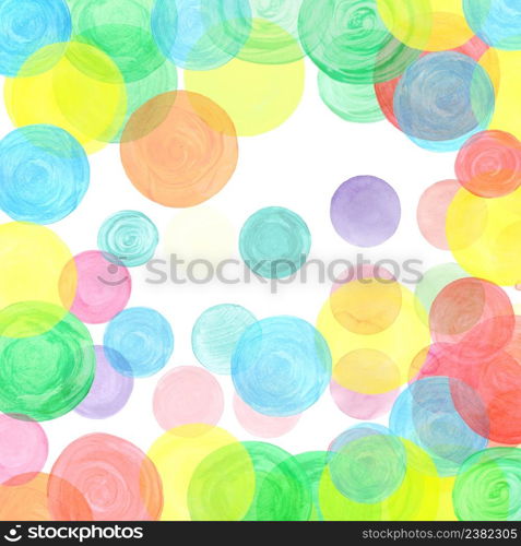 Watercolor simple polka dot pattern. Abstract watercolor pattern with colorful circles. Chaotic geometry poster or print. Watercolor pastel polka dots. Abstract retro pastel pattern. Round shapes texture