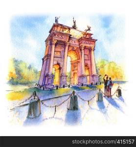 Watercolor sketch of Arch of Peace, city gate in the Old Town of Milan on sunny day, Lombardia, Italy.. Arch of Peace in Milan, Italy
