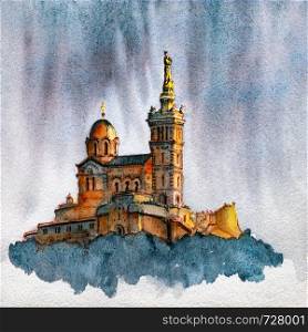 Watercolor sketch of Basilica of Notre Dame de la Garde, Marseille, France. Notre Dame, Marseille, France