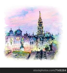 Watercolor sketch of Brussels City Hall and Mont des Arts area at sunset in Brussels, Belgium. Brussels at sunset, Belgium