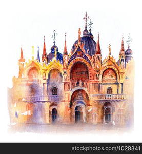 Watercolor sketch of Cathedral Basilica of Saint Mark, Venice, Italy.. Basilica of Saint Mark Venice