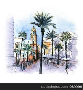 Watercolor sketch of Cathedral square or Plaza de la Catedral in the morning in Cadiz, Andalusia, Spain.. Cathedral square, Andalusia, Spain