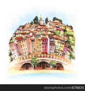 Watercolor sketch of colorful old town and beach in sunny Menton, perle de la France, on French Riviera, France. Menton Old Town, France