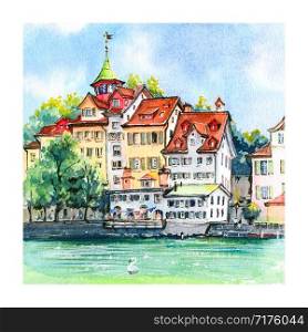 Watercolor sketch of cozy houses by the river Limmat in the Old Town of Zurich, the largest city in Switzerland.. Old Town of Zurich, Switzerland