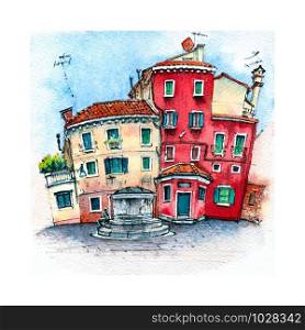 Watercolor sketch of Cute colorful houses on Campo San Stin in summer day, Venice, Italy.. Campo San Stin Venice, Italia