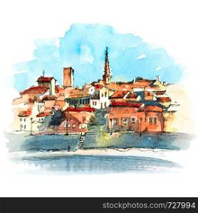 Watercolor sketch of embankment of Arles with churches, towers and old houses of Old Town, Arles, southern France. Famous Avignon Bridge, France